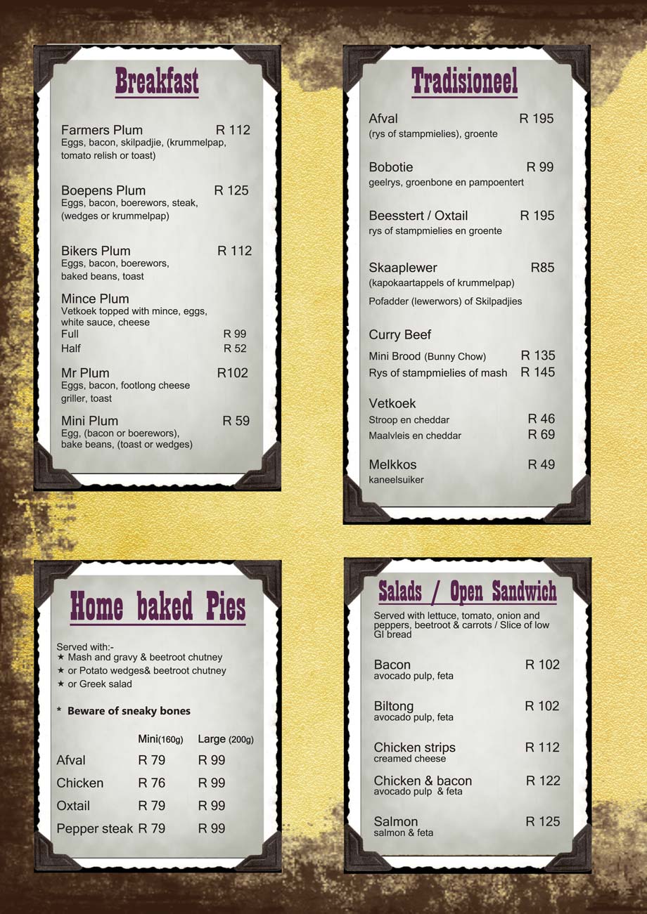 Plum Tree Parys Vintage Restaurant - Menu Page 1
